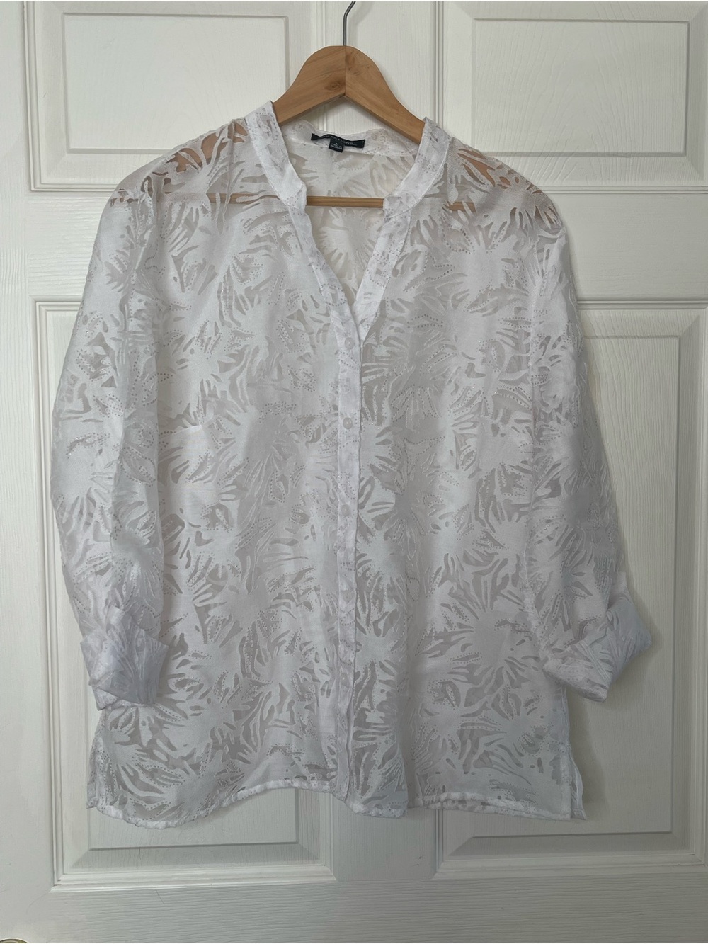 Notations White Palm Leaf Burnout Sheer Button Down Blouse